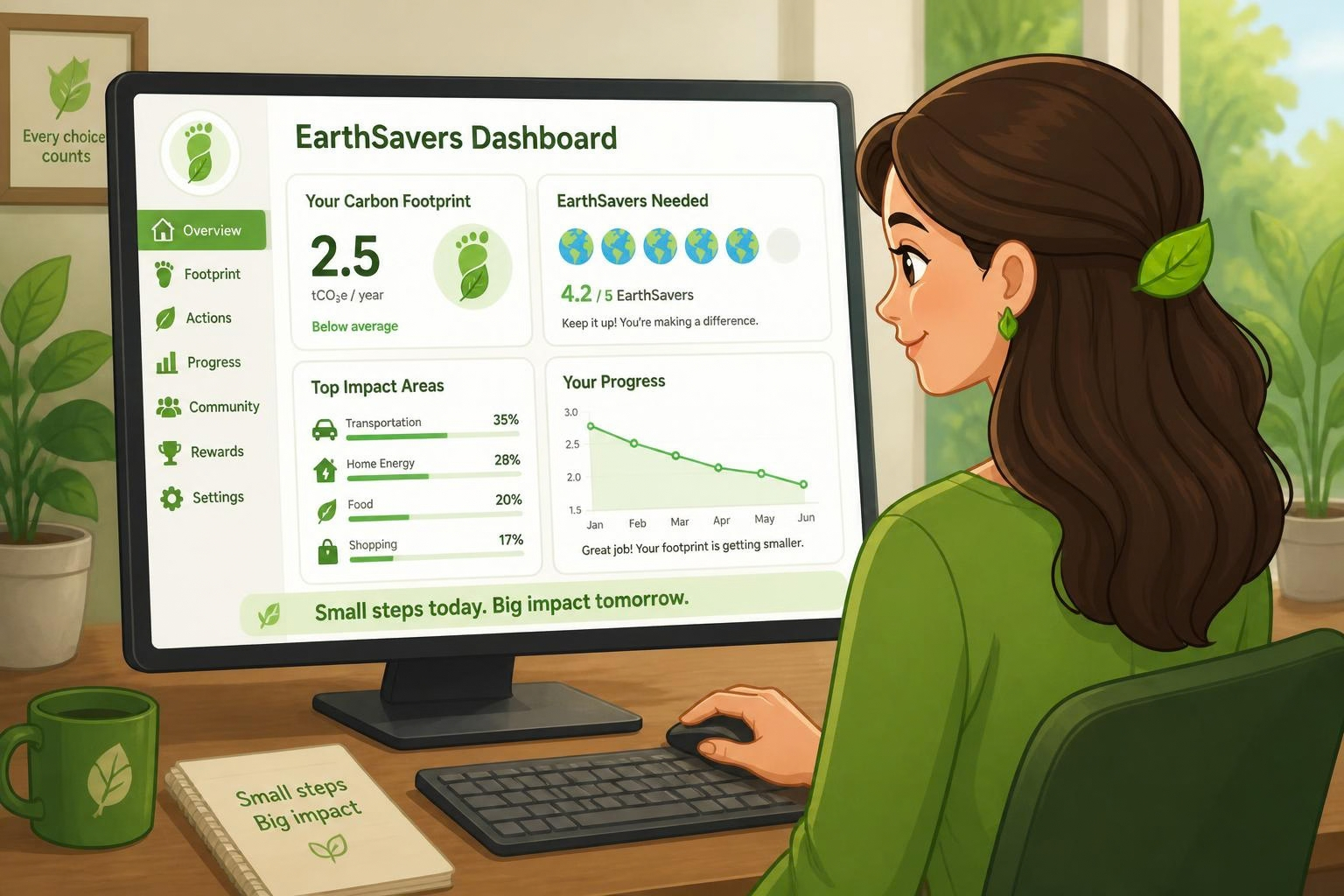 A woman viewing an EarthSavers Dashboard. Her carbon footprint is 2.5 tonnes CO2e per year, marked below average. EarthSavers Needed shows 4.2 out of 5 EarthSavers. Top impact areas are transportation 35%, home energy 28%, food 20%, and shopping 17%. A progress graph shows her footprint declining from January to June.