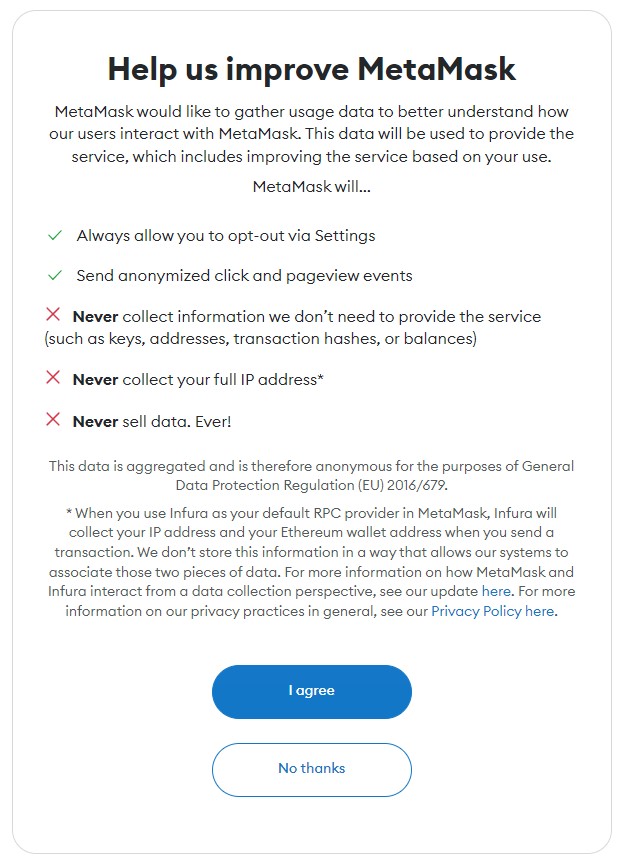 An image of the metamask extension prompt asking if you would like to submit anonymous usage data to MetaMask