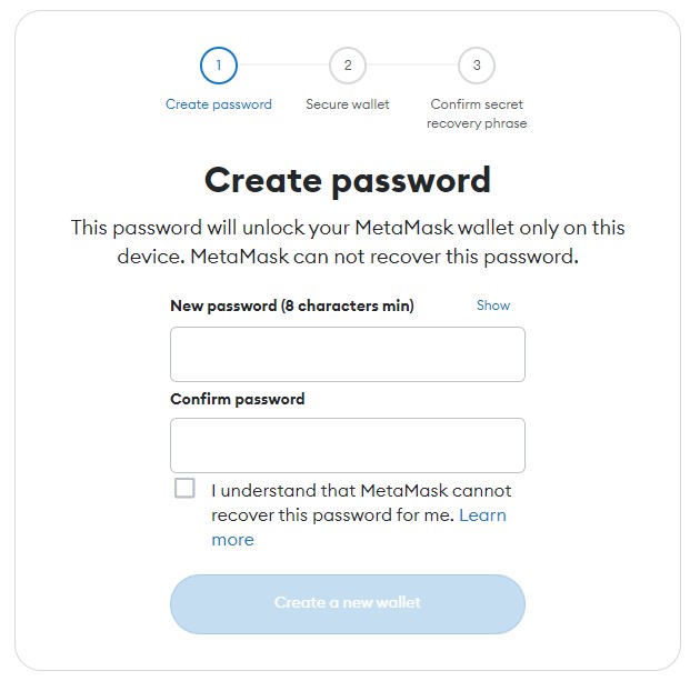 An image of the metamask extension prompt asking you to create a password for you account