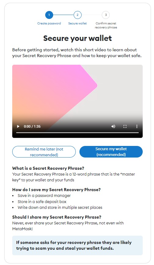 An image of the metamask extension prompt asking if you would like to secure your new wallet