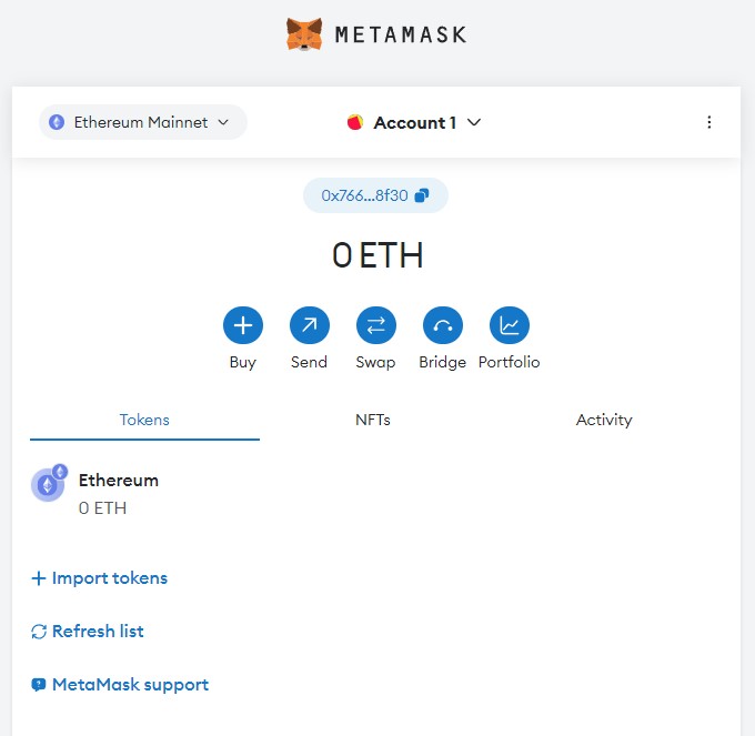 An image of the front page of your metamask account