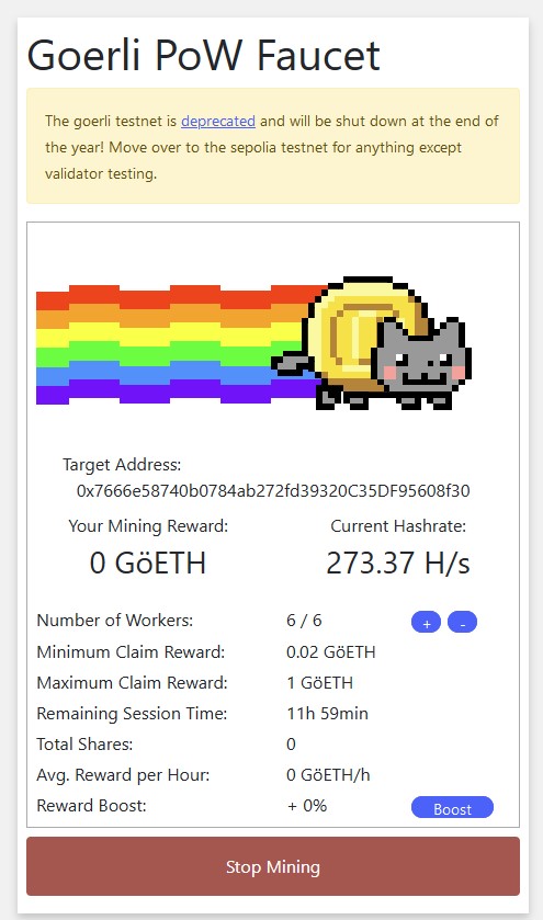 An image of the mining page, containing a bitcoin nyancat with iconic trailing rainbow as it flies through the air.