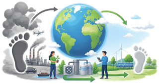 Illustration of global carbon emissions decreasing as EarthSavers and carbon capture units are applied.