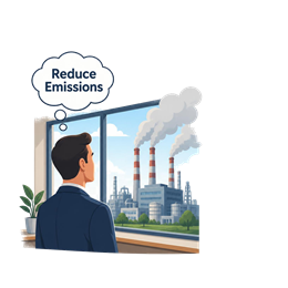 Illustration of a businessman looking at a factory emitting smoke and thinking, "Reduce Emissions."