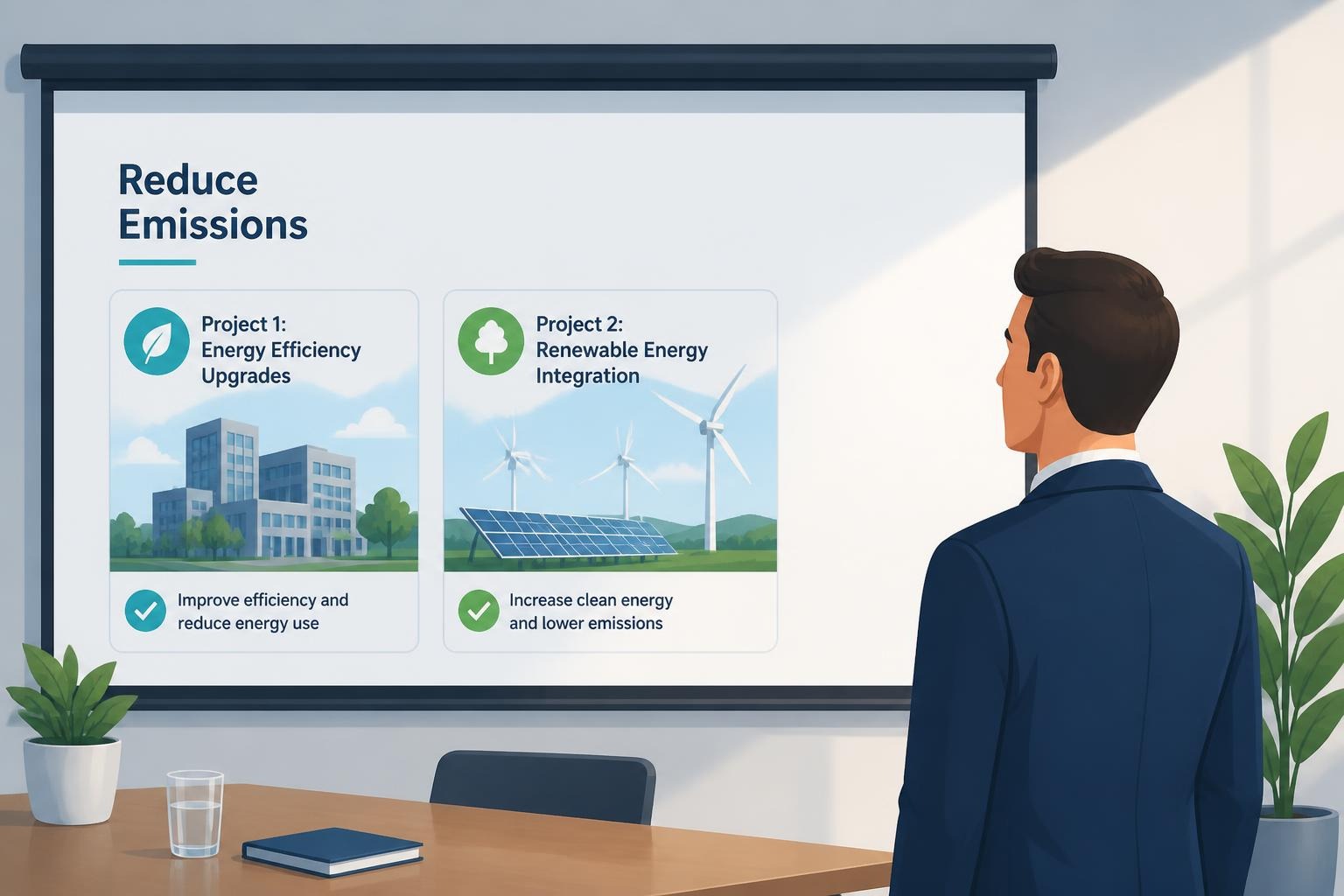 A businessman viewing a projector screen titled Reduce Emissions. Project 1: Energy Efficiency Upgrades, illustrated with buildings, aims to improve efficiency and reduce energy use. Project 2: Renewable Energy Integration, illustrated with solar panels and wind turbines, aims to increase clean energy and lower emissions.