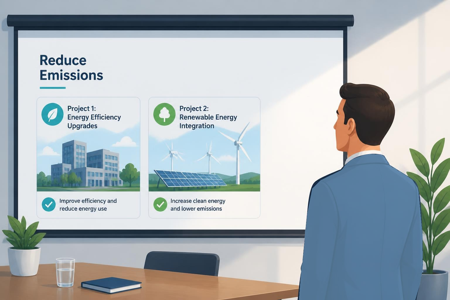 A businessman viewing a projector screen titled Reduce Emissions. Project 1: Energy Efficiency Upgrades, illustrated with buildings, aims to improve efficiency and reduce energy use. Project 2: Renewable Energy Integration, illustrated with solar panels and wind turbines, aims to increase clean energy and lower emissions.