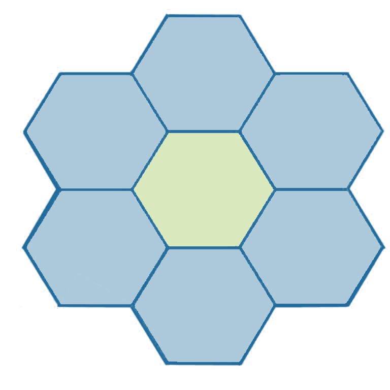 Collaboration Earth logo: six blue hexagons surrounding a green center hexagon.